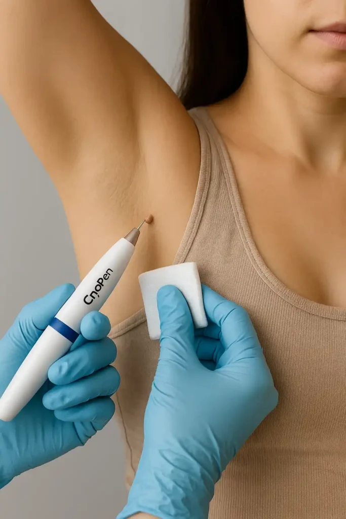 woman having cryopen to remove underarm skin tags West Kensington